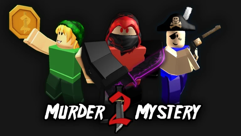 Murder Mystery 2 title art: three Roblox characters holding a coin, a knife and a gun